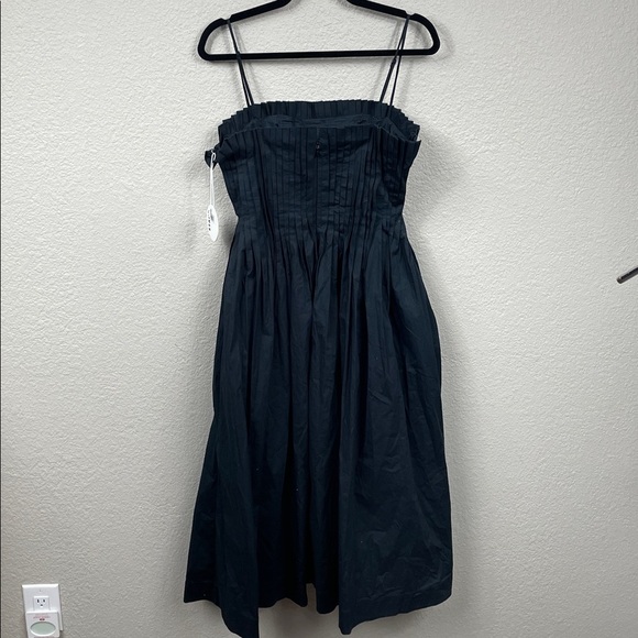 NWT Staud Bella Pleated Cotton Blend Poplin Midi Dress Black Square Neck Sz 6 - Picture 9 of 16